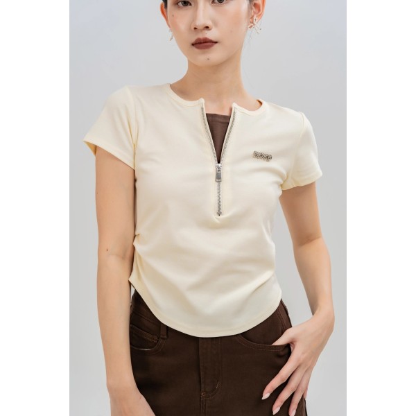 Zipper Front Casual Short Sleeve Top