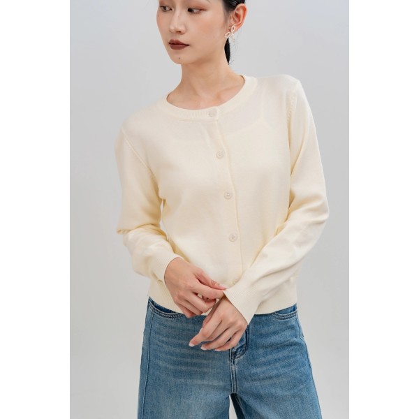 Round neck knitted long sleeve cardigan