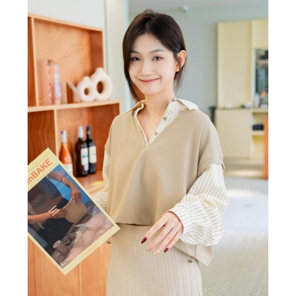 Striped fake two-piece contrasting shirt