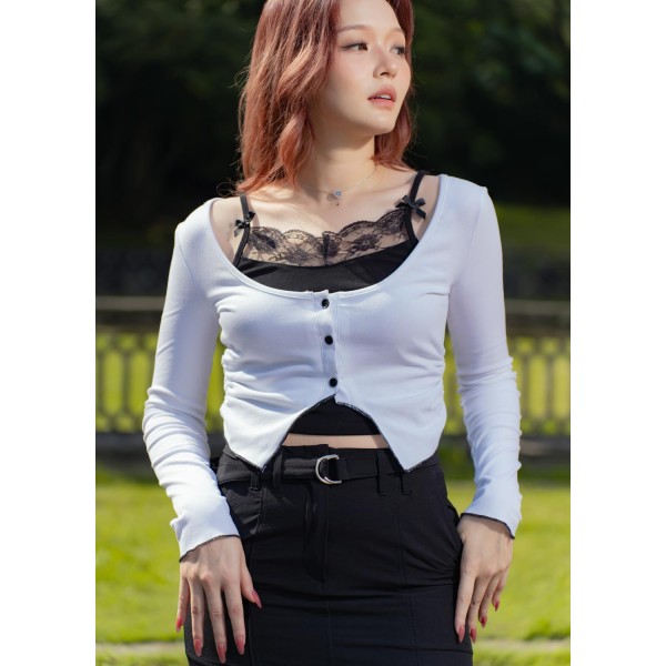 Lace crop button up long sleeves top
