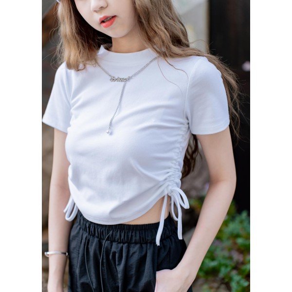 Crewneck top with lace-up design at both sides