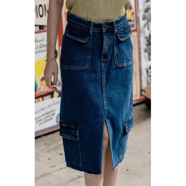 Split over-the-knee denim maxi skirt