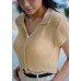 Collar-knit short-sleeved open-button top
