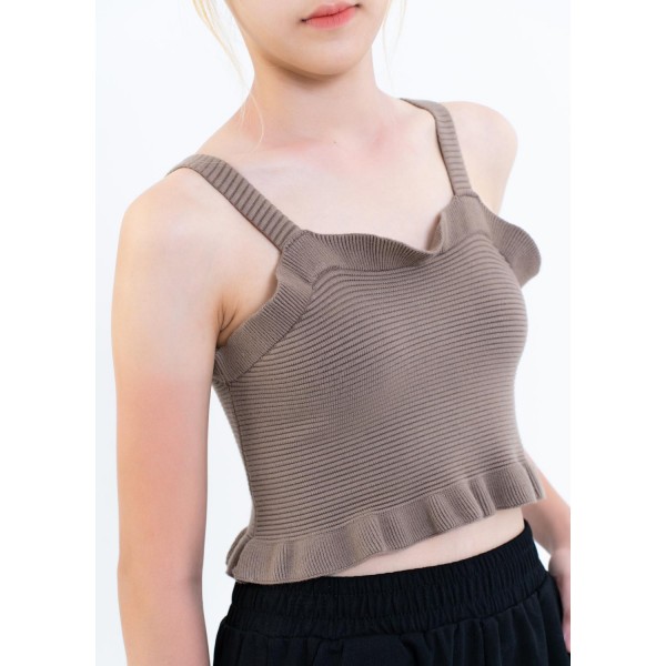 Cropped Length Ribbed Singlet with Ruffle Edges