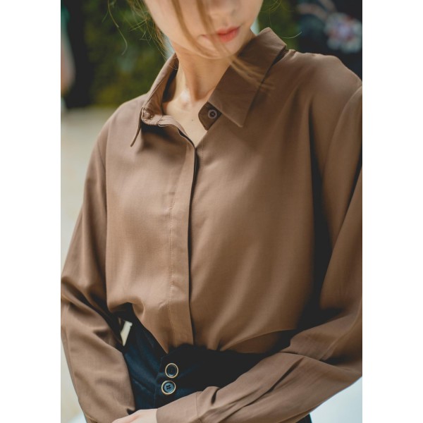 Hidden Button Placket Long Sleeves Collar Shirt
